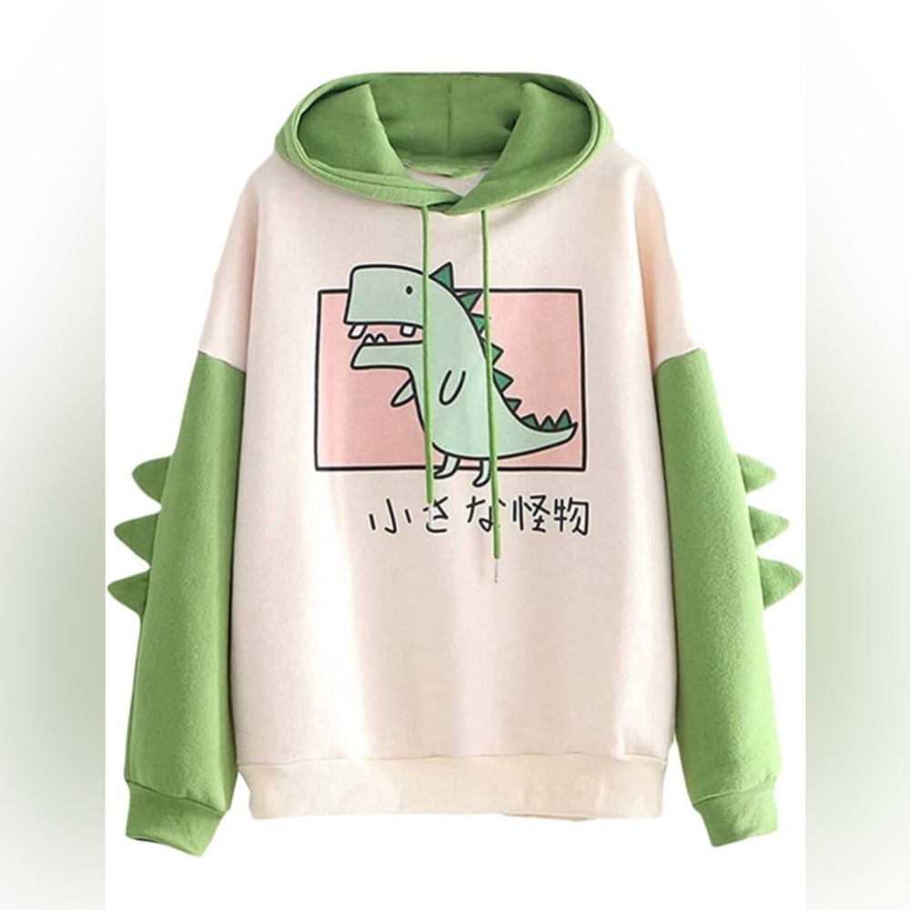 Cute dinosaur sweatshirt with green sleeves and fabric spikes.